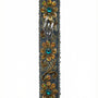 Handmade silver mezuzah decorated with colorful sequins and stones, crafted with intricate details and finished with a polished look, mounted on a white background.