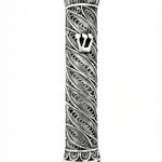 Handcrafted elliptical silver Mezuzah made of 925 Sterling Silver with lacework and drop-shaped domes, showcasing intricate craftsmanship and traditional design.