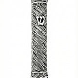 Handcrafted elliptical silver Mezuzah made of 925 Sterling Silver with lacework and drop-shaped domes, showcasing intricate craftsmanship and traditional design.