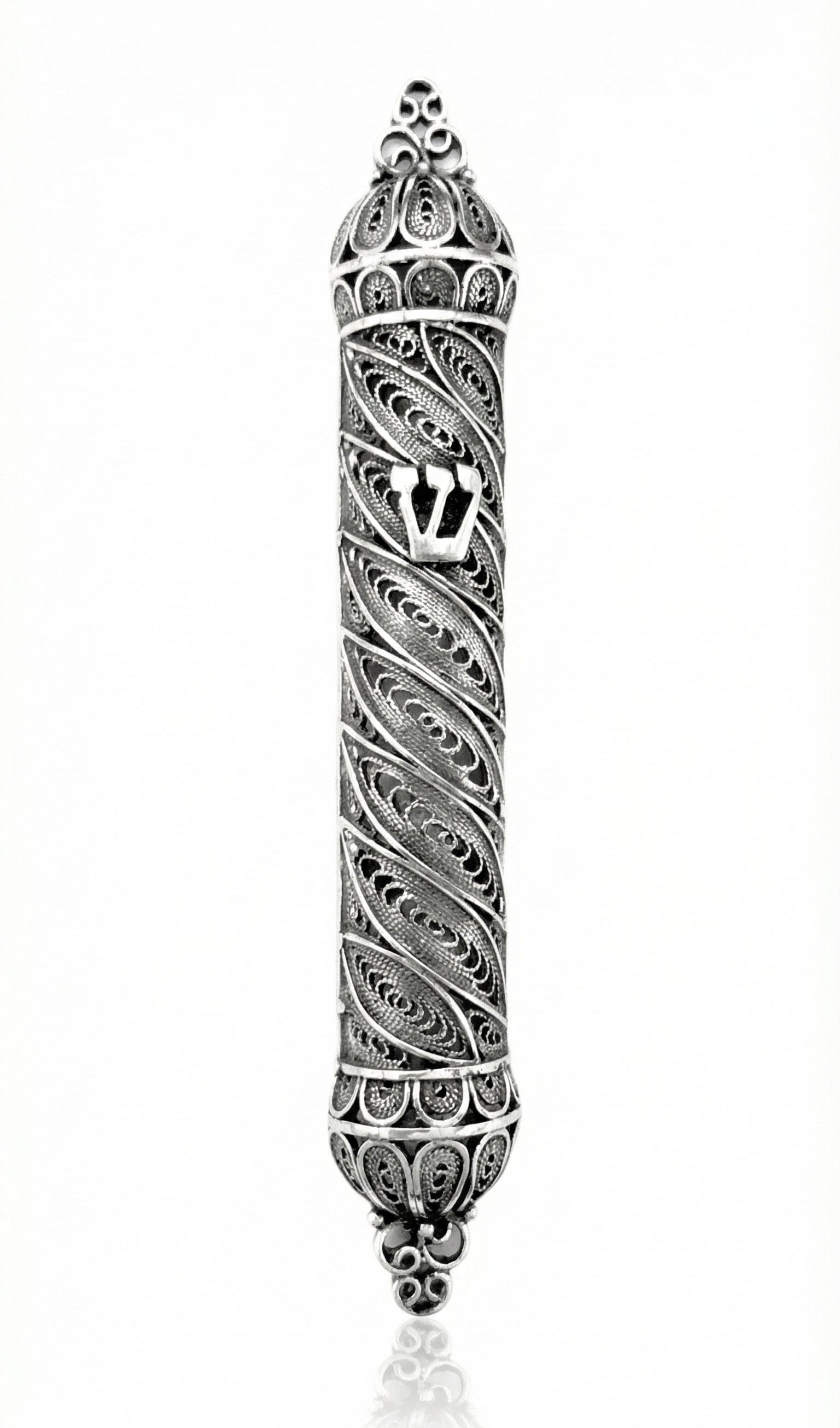 Handcrafted elliptical silver Mezuzah made of 925 Sterling Silver with lacework and drop-shaped domes, showcasing intricate craftsmanship and traditional design.