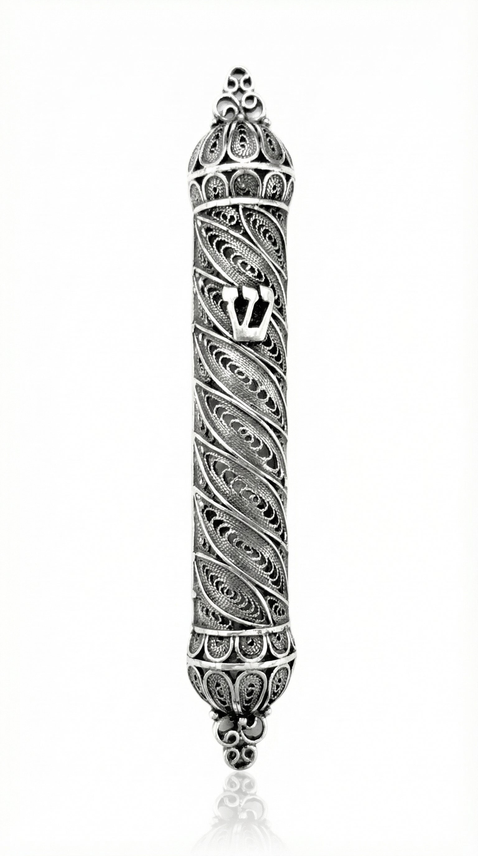 Handcrafted elliptical silver Mezuzah made of 925 Sterling Silver with lacework and drop-shaped domes, showcasing intricate craftsmanship and traditional design.