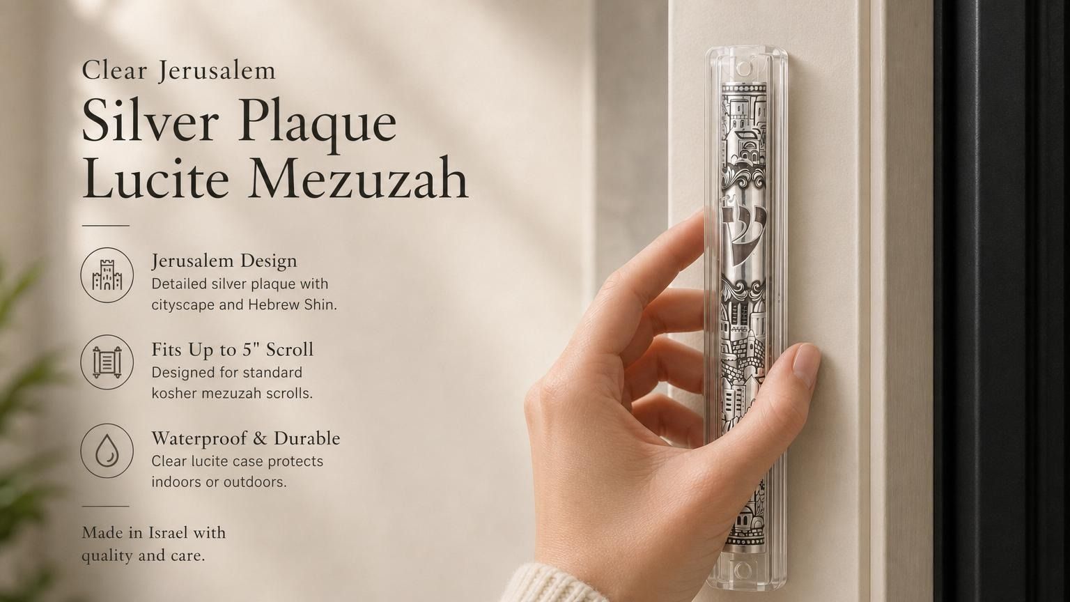 Person holding the exact Clear Jerusalem Silver Plaque Lucite Mezuzah, showcasing its transparent acrylic case and detailed silver Jerusalem plaque in a lifestyle setting.