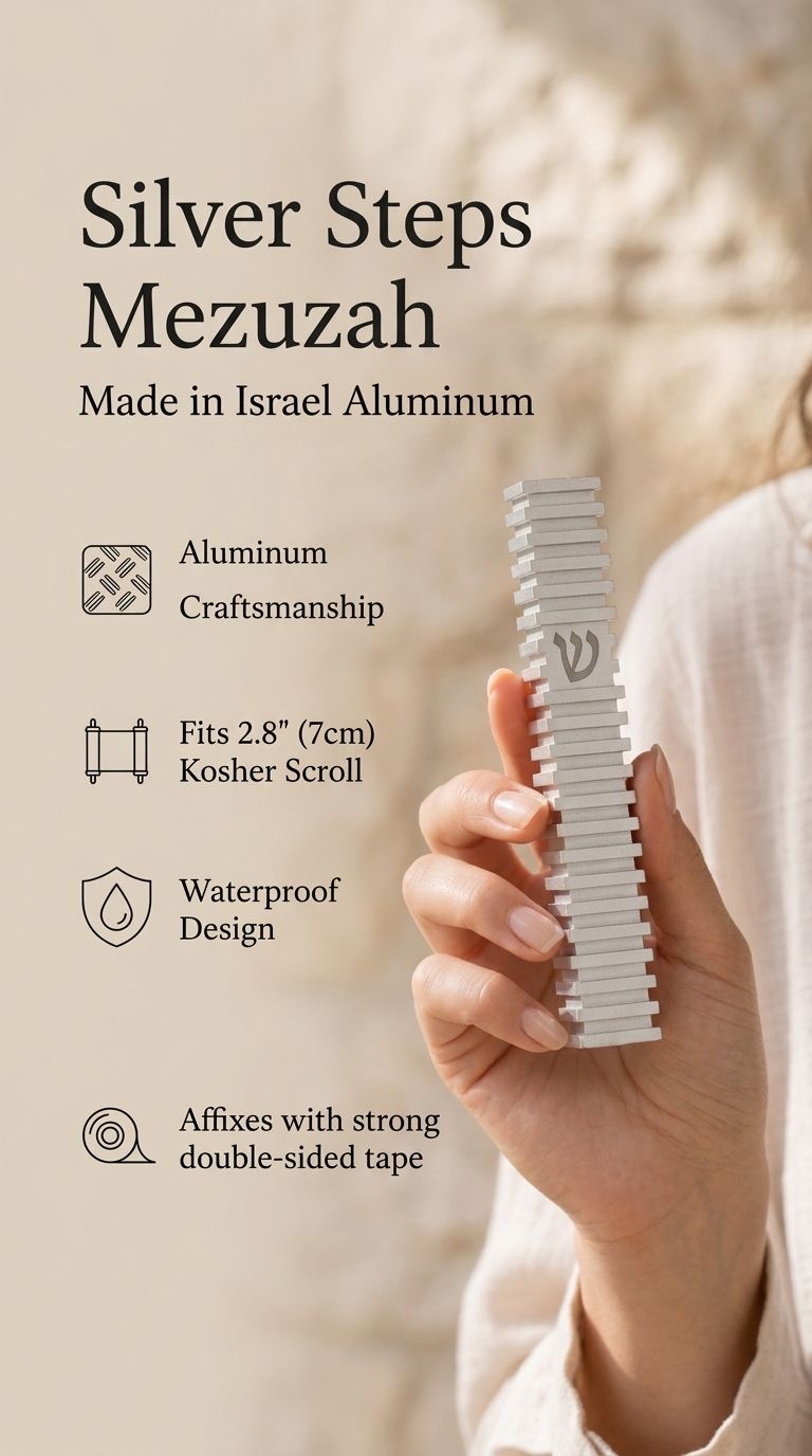 Modern Silver Steps mezuzah specification image highlighting the 4-inch Israeli aluminum body, 2.8-inch kosher scroll fit, waterproof use, and bottom opening