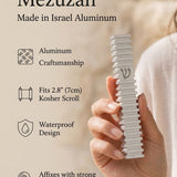 Modern Silver Steps mezuzah specification image highlighting the 4-inch Israeli aluminum body, 2.8-inch kosher scroll fit, waterproof use, and bottom opening