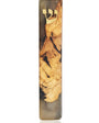 Clear healing mezuzah made of olive wood and resin, 6 inches tall, with detailed Hebrew engravings, designed for home doorposts, on a white studio background with subtle reflection.