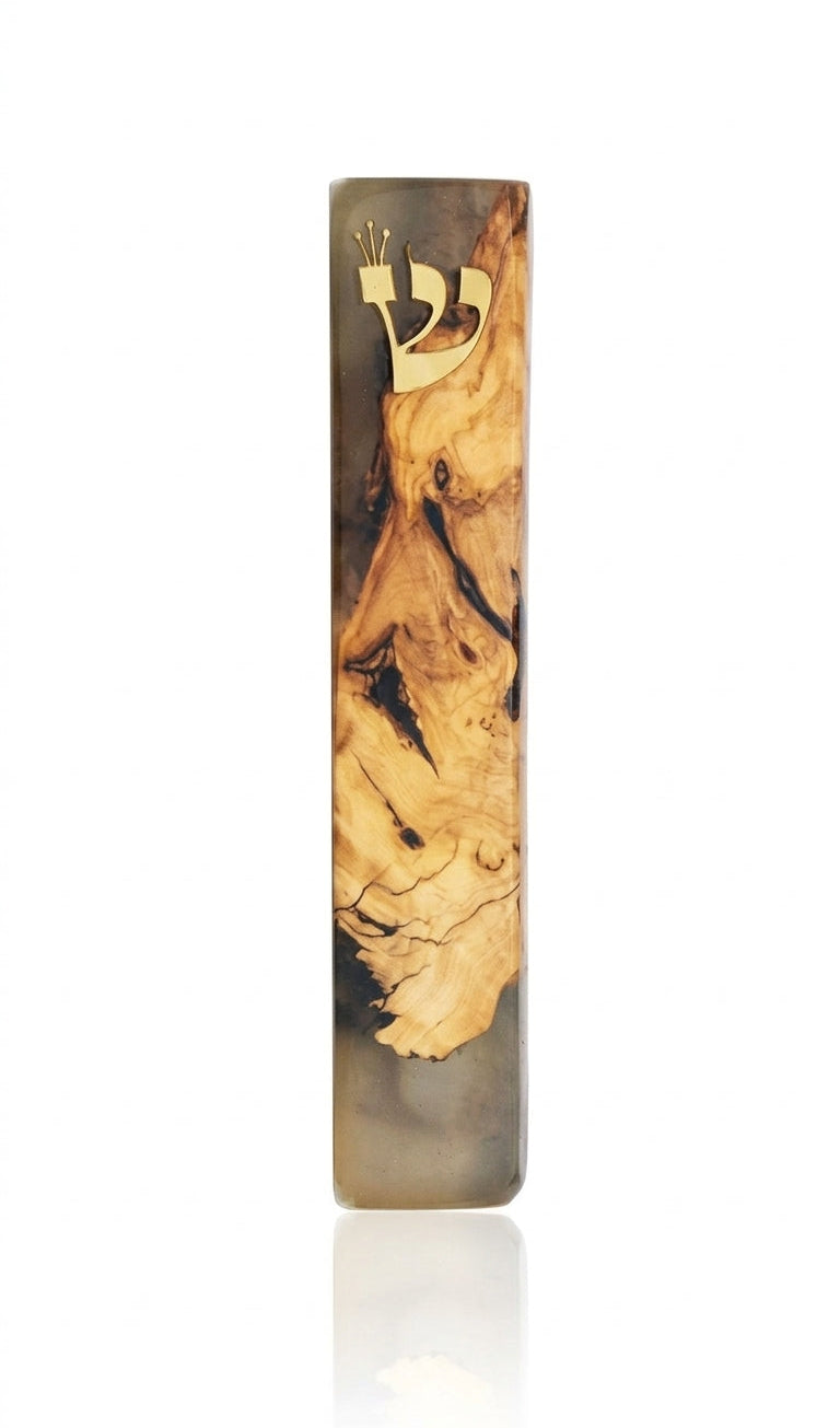 Clear healing mezuzah made of olive wood and resin, 6 inches tall, with detailed Hebrew engravings, designed for home doorposts, on a white studio background with subtle reflection.