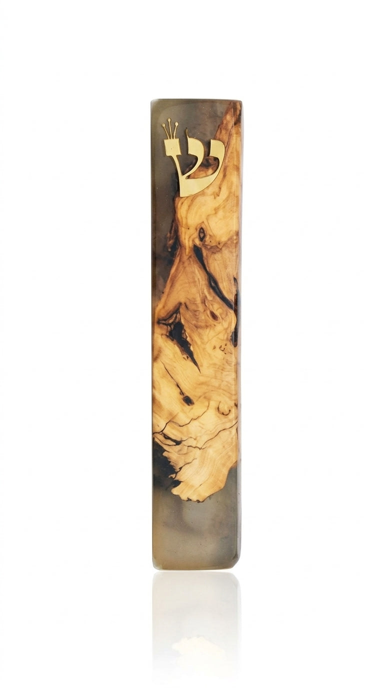 Clear healing mezuzah made of olive wood and resin, 6 inches tall, with detailed Hebrew engravings, designed for home doorposts, on a white studio background with subtle reflection.