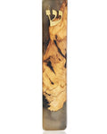 Clear healing mezuzah made of olive wood and resin, 6 inches tall, with detailed Hebrew engravings, designed for home doorposts, on a white studio background with subtle reflection.