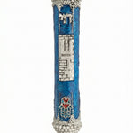 Handcrafted pewter mezuzah with blue enamel and intricate Hamsa design, featuring red hearts, Hebrew 'Chai', and 'Sha-dai' inscription.