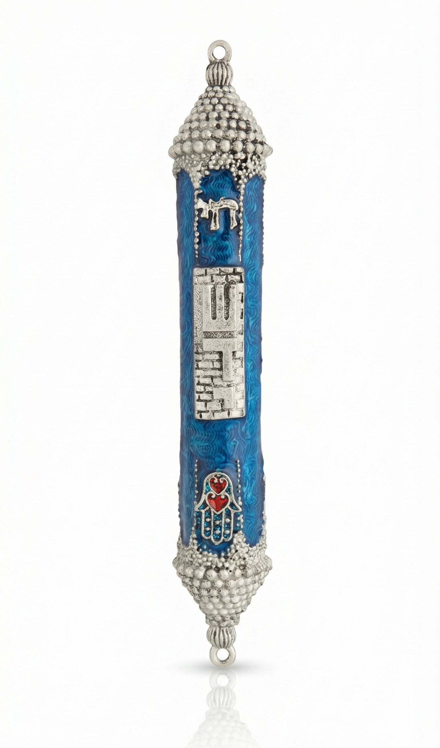 Handcrafted pewter mezuzah with blue enamel and intricate Hamsa design, featuring red hearts, Hebrew 'Chai', and 'Sha-dai' inscription.