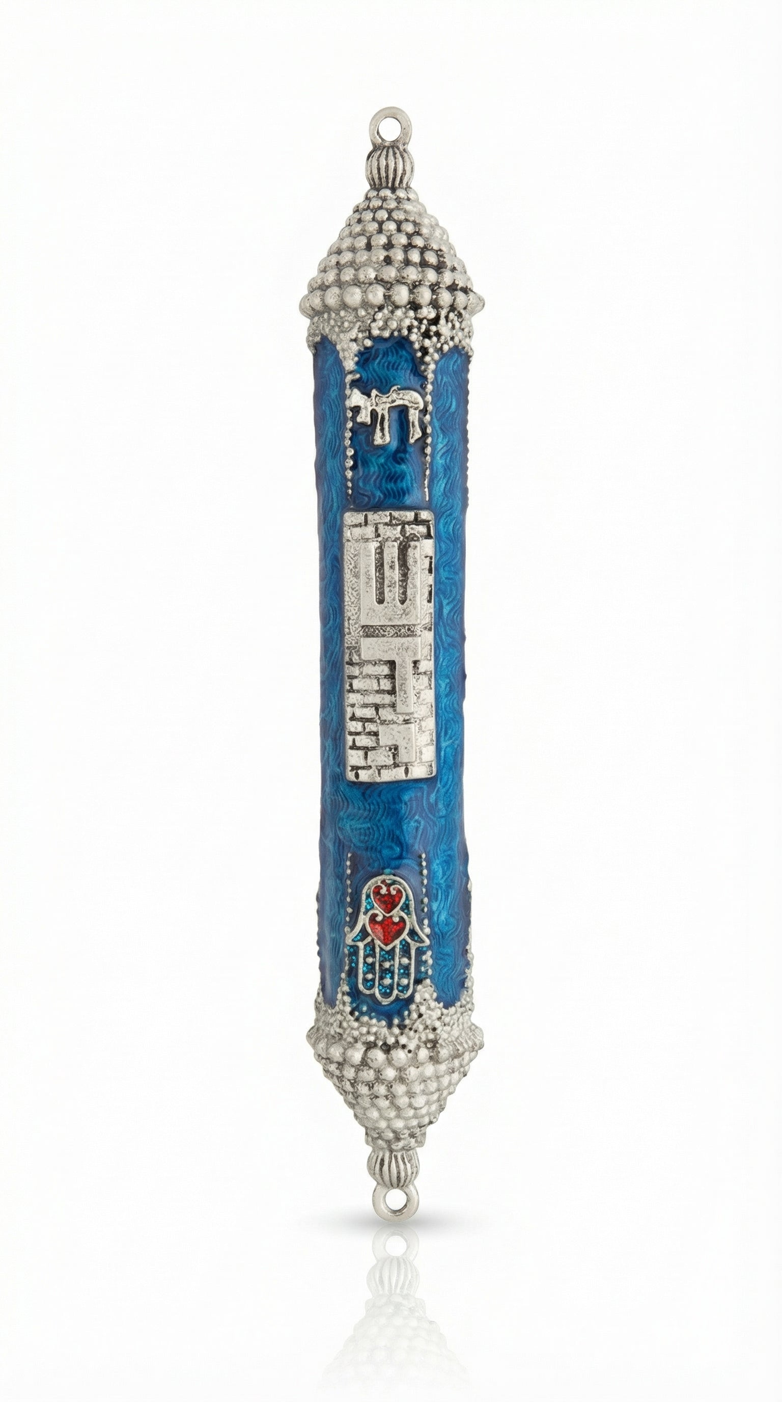 Handcrafted pewter mezuzah with blue enamel and intricate Hamsa design, featuring red hearts, Hebrew 'Chai', and 'Sha-dai' inscription.