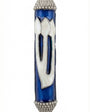 Elegant Heavenly Blue Mezuzah with pearlescent Shin letter on a deep blue background in a professional studio setting with minimal reflection