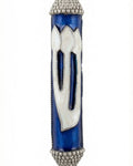 Elegant Heavenly Blue Mezuzah with pearlescent Shin letter on a deep blue background in a professional studio setting with minimal reflection