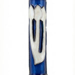 Elegant Heavenly Blue Mezuzah with pearlescent Shin letter on a deep blue background in a professional studio setting with minimal reflection