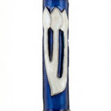 Elegant Heavenly Blue Mezuzah with pearlescent Shin letter on a deep blue background in a professional studio setting with minimal reflection