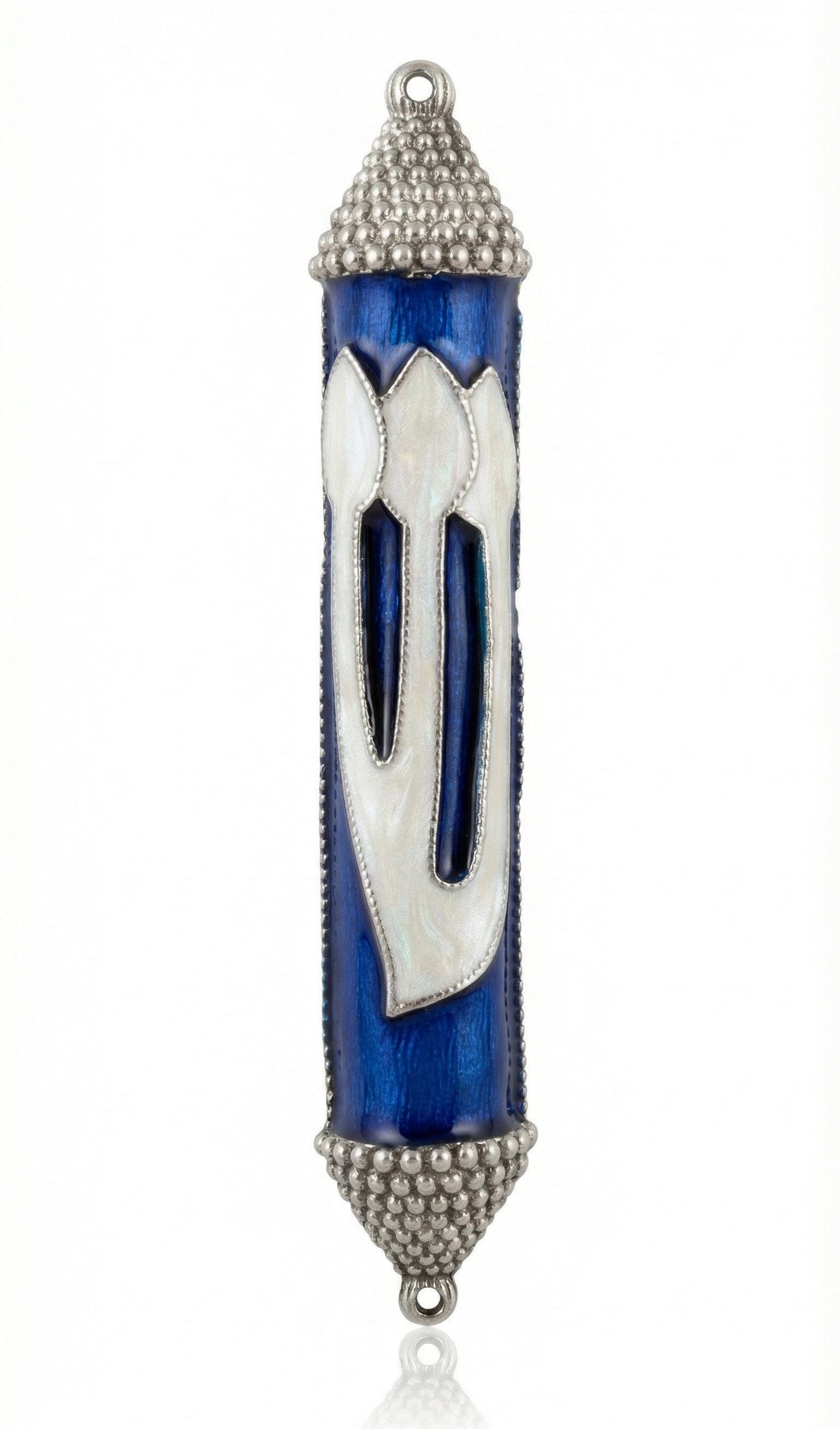 Elegant Heavenly Blue Mezuzah with pearlescent Shin letter on a deep blue background in a professional studio setting with minimal reflection