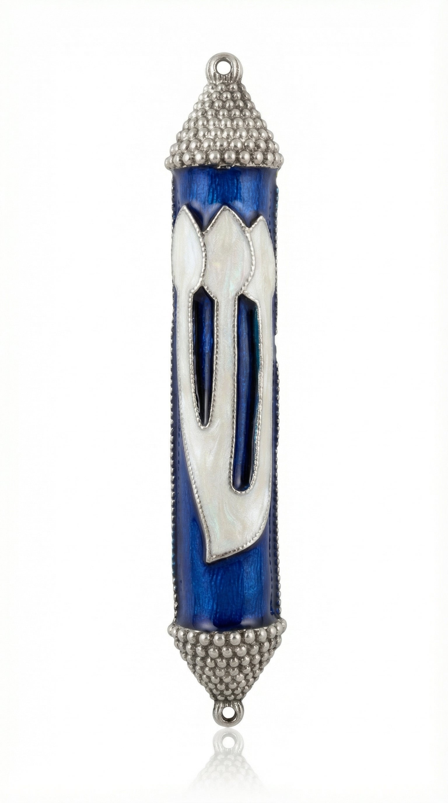 Elegant Heavenly Blue Mezuzah with pearlescent Shin letter on a deep blue background in a professional studio setting with minimal reflection
