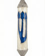 Graceful Heavenly White Mezuzah with Hebrew letter Shin on a pearlescent background, showcasing intricate engraved details and decorative motifs.