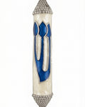 Graceful Heavenly White Mezuzah with Hebrew letter Shin on a pearlescent background, showcasing intricate engraved details and decorative motifs.