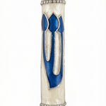 Graceful Heavenly White Mezuzah with Hebrew letter Shin on a pearlescent background, showcasing intricate engraved details and decorative motifs.
