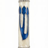 Graceful Heavenly White Mezuzah with Hebrew letter Shin on a pearlescent background, showcasing intricate engraved details and decorative motifs.