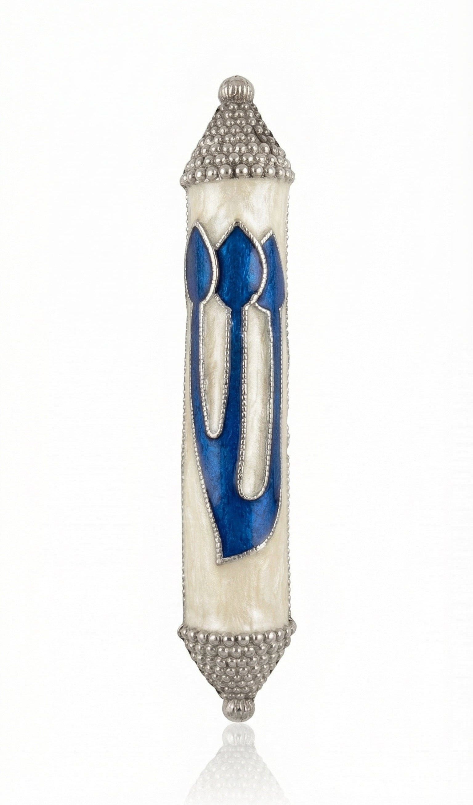 Graceful Heavenly White Mezuzah with Hebrew letter Shin on a pearlescent background, showcasing intricate engraved details and decorative motifs.