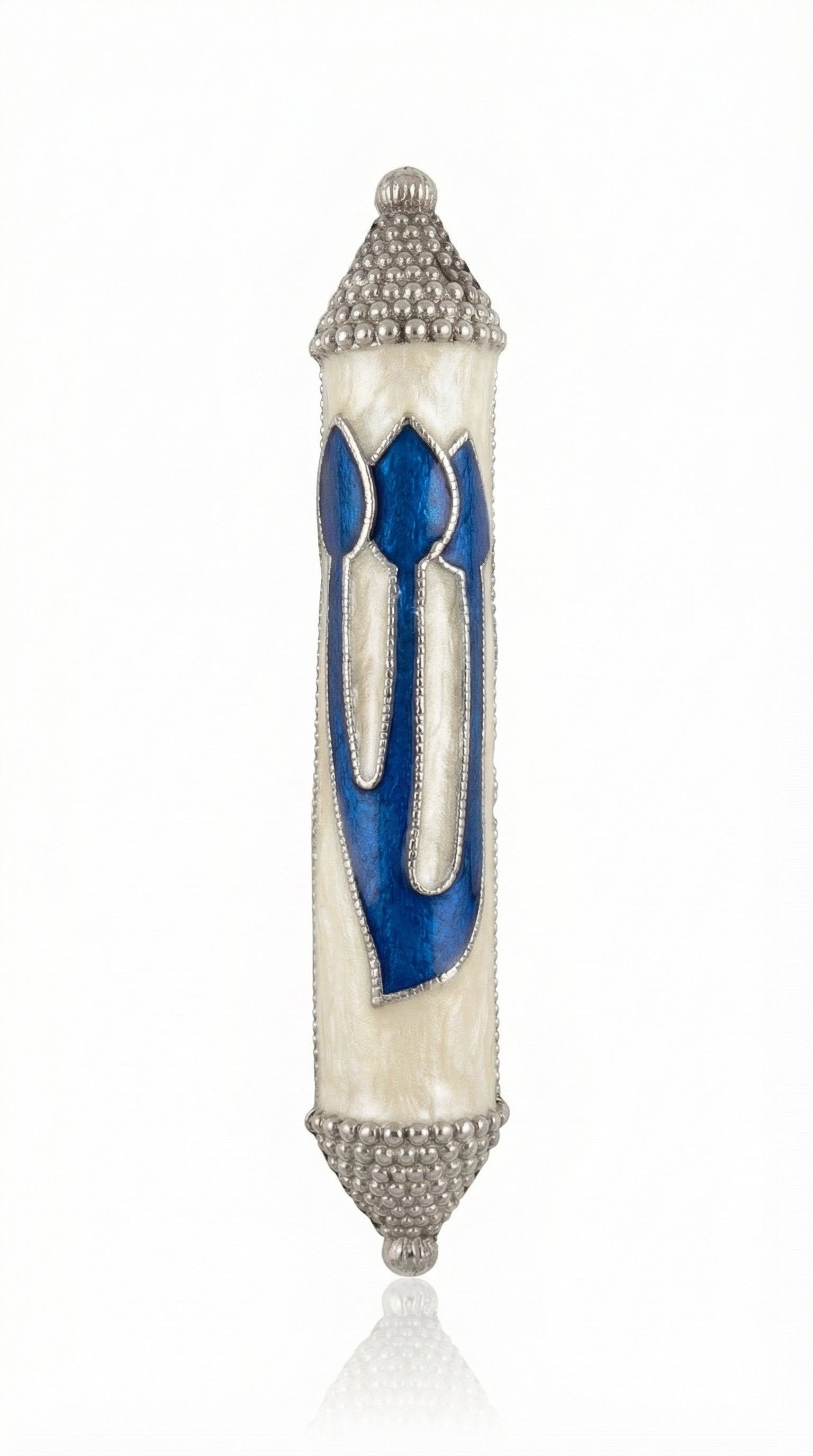 Graceful Heavenly White Mezuzah with Hebrew letter Shin on a pearlescent background, showcasing intricate engraved details and decorative motifs.