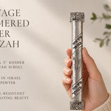 Hand-held Heritage Hammered Pewter Mezuzah with textured silver finish and Hebrew scroll band accents