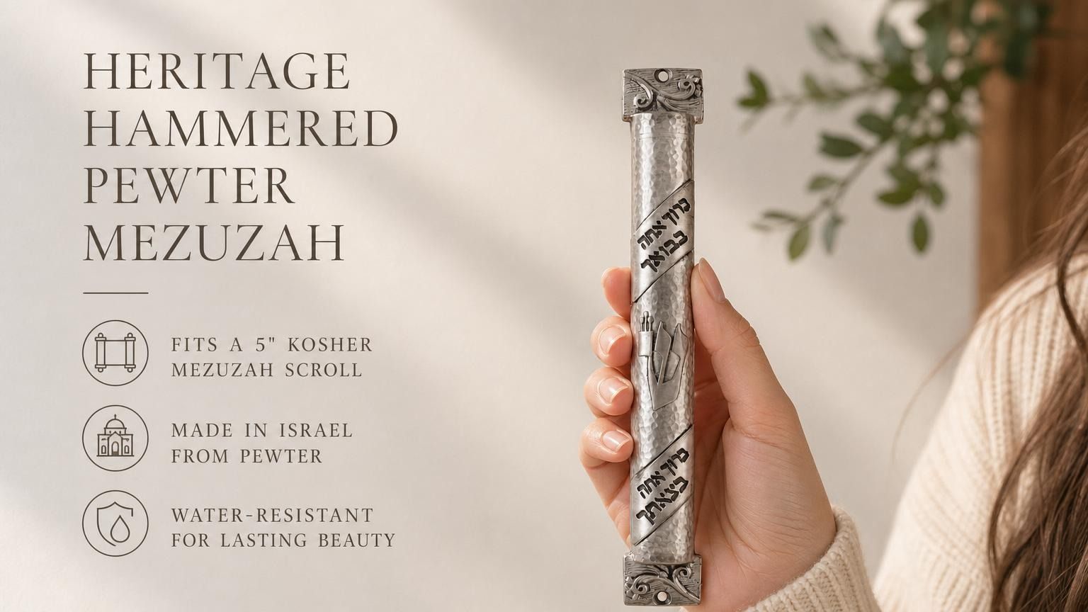 Hand-held Heritage Hammered Pewter Mezuzah with textured silver finish and Hebrew scroll band accents