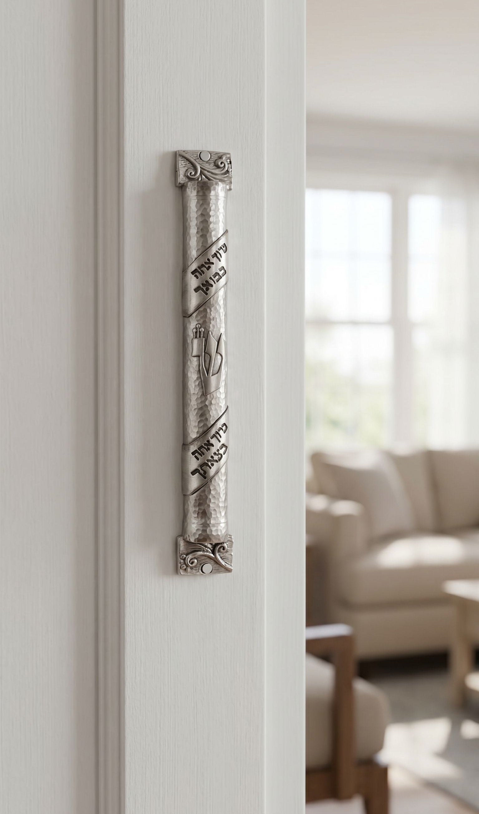 Heritage hammered pewter mezuzah on inside doorway reveal, depicting textured silver finish, Hebrew scroll accents, and rounded profile for traditional Jewish home decor.