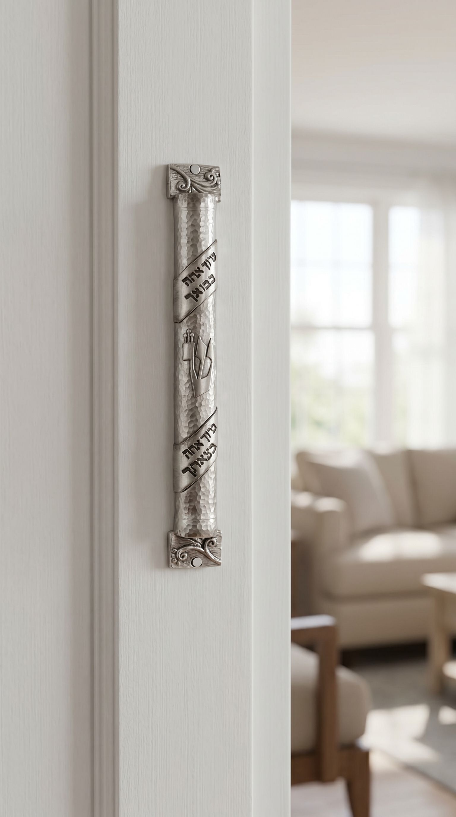 Heritage hammered pewter mezuzah on inside doorway reveal, depicting textured silver finish, Hebrew scroll accents, and rounded profile for traditional Jewish home decor.