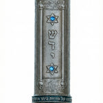 Upscale Torah Mezuzah made of pewter and enamel, 6 inches long, detailed Hebrew engravings and decorative motifs, on a pure white background with soft reflection.