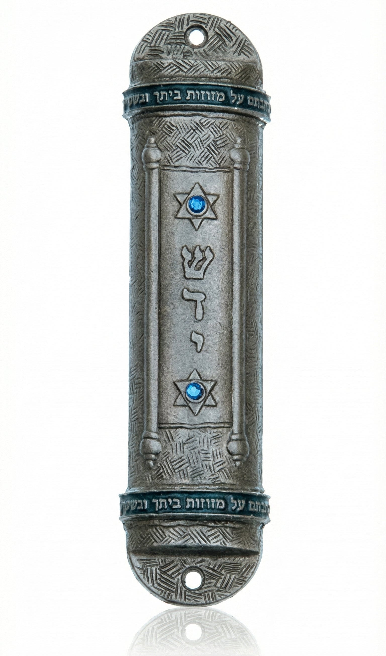Upscale Torah Mezuzah made of pewter and enamel, 6 inches long, detailed Hebrew engravings and decorative motifs, on a pure white background with soft reflection.