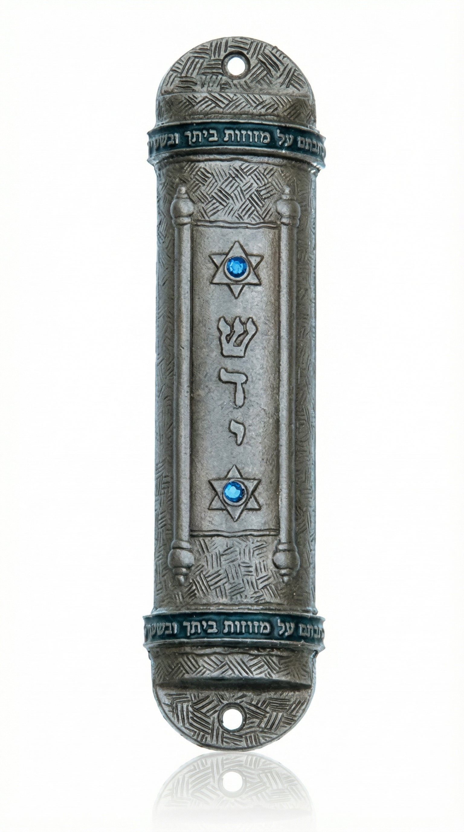 Upscale Torah Mezuzah made of pewter and enamel, 6 inches long, detailed Hebrew engravings and decorative motifs, on a pure white background with soft reflection.