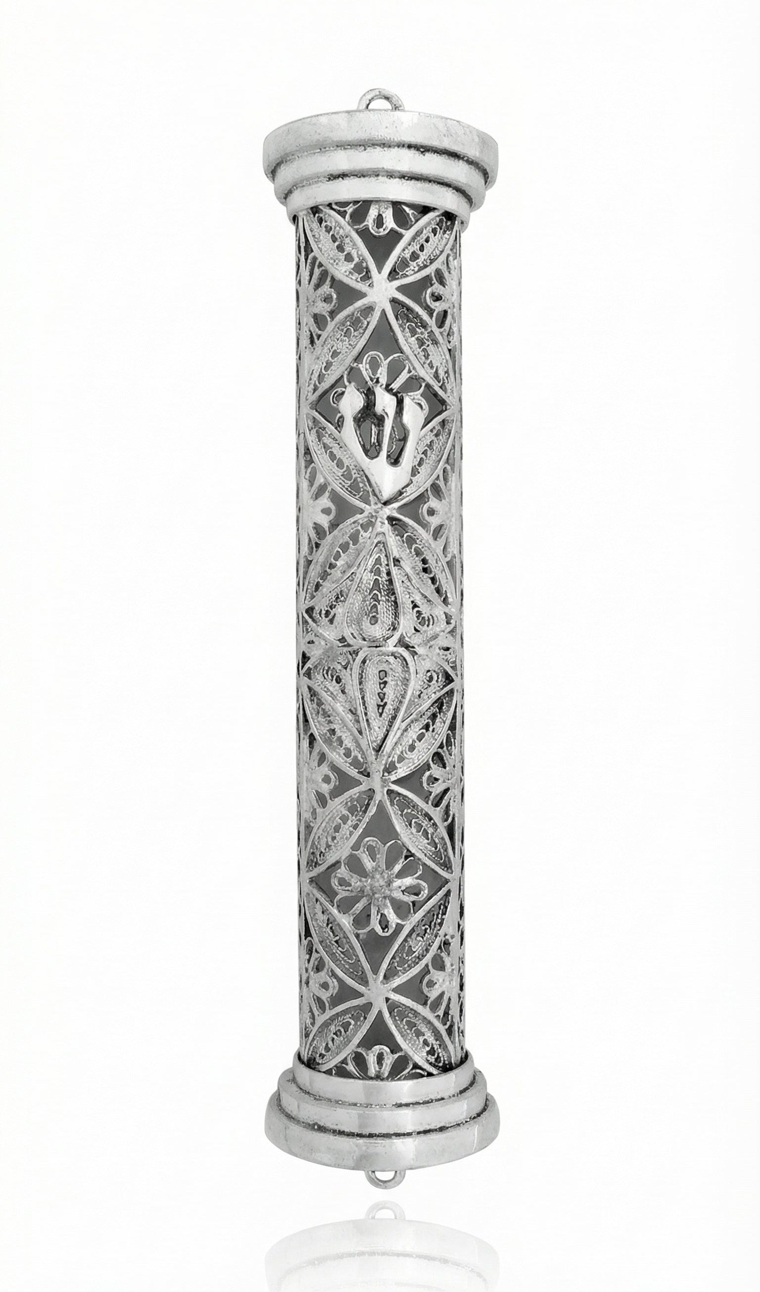 handmade sterling silver Mezuzah case with swirl pattern, lacework, and drop-shaped domes