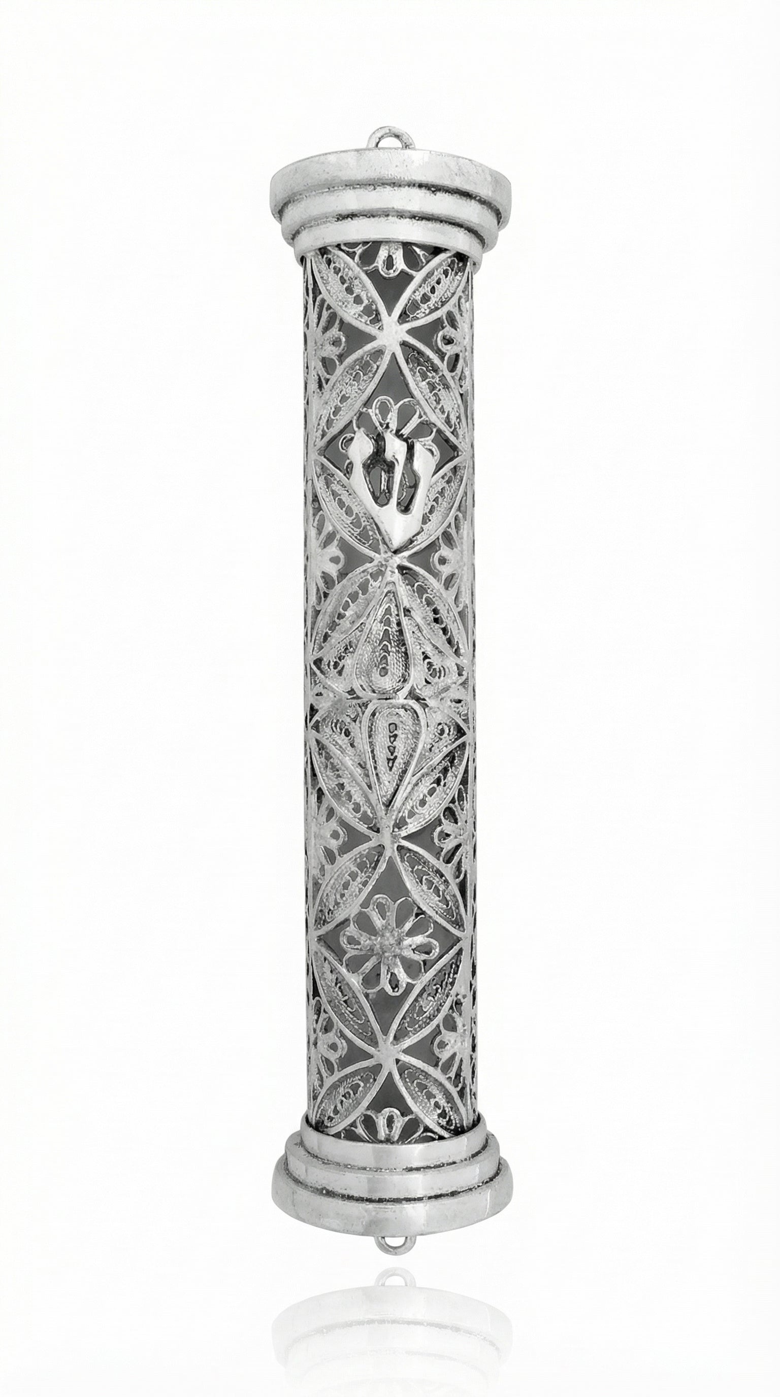 handmade sterling silver Mezuzah case with swirl pattern, lacework, and drop-shaped domes