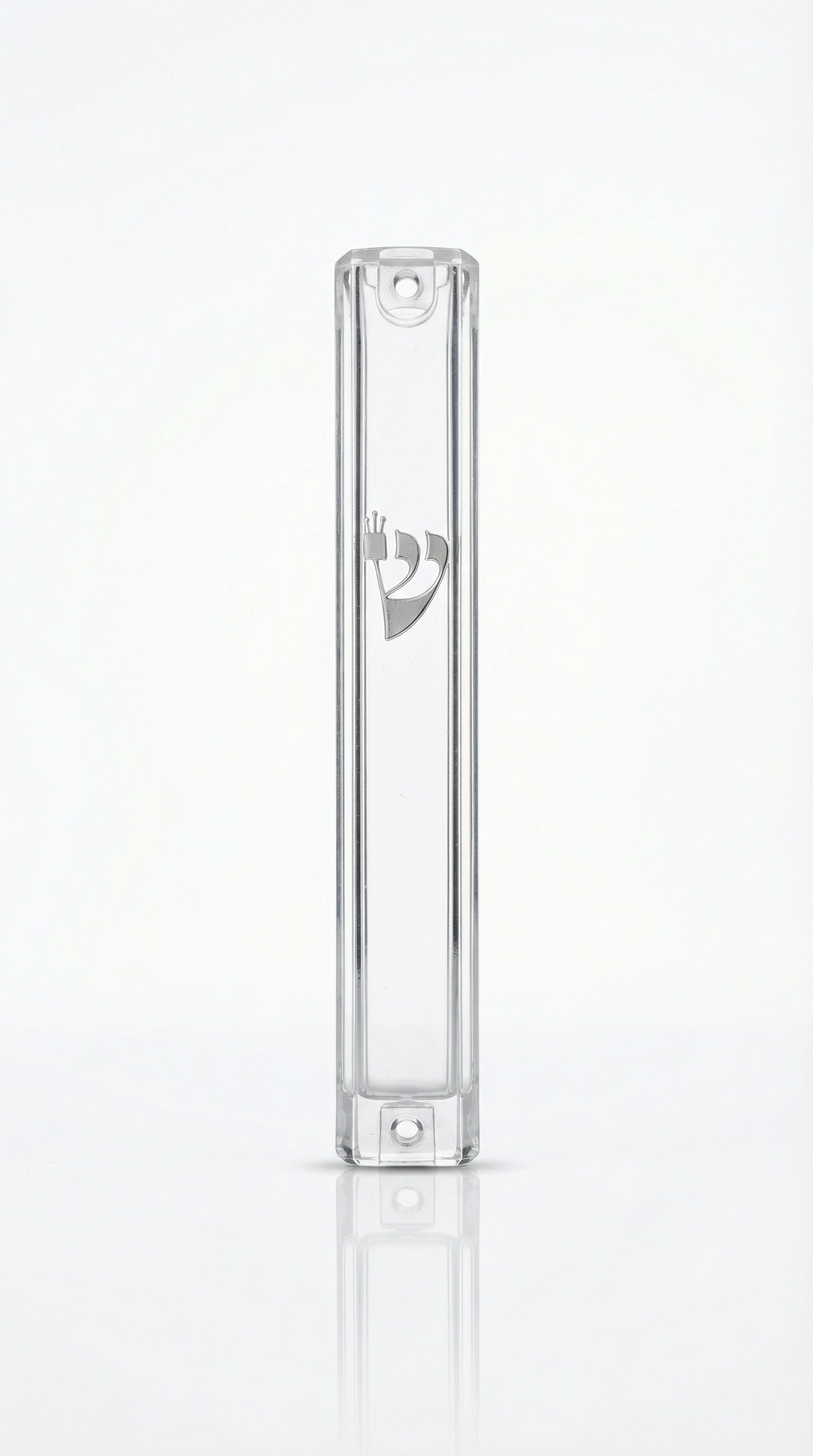 6-inch clear Lucite mezuzah case with a silver Shin symbol on a white background.