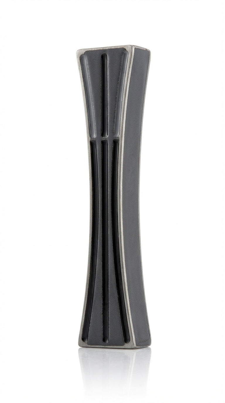 Upscale high-resolution image of a detailed pewter mezuzah with enamel accents, designed for home doorways, with a subtle reflection on a white studio background.