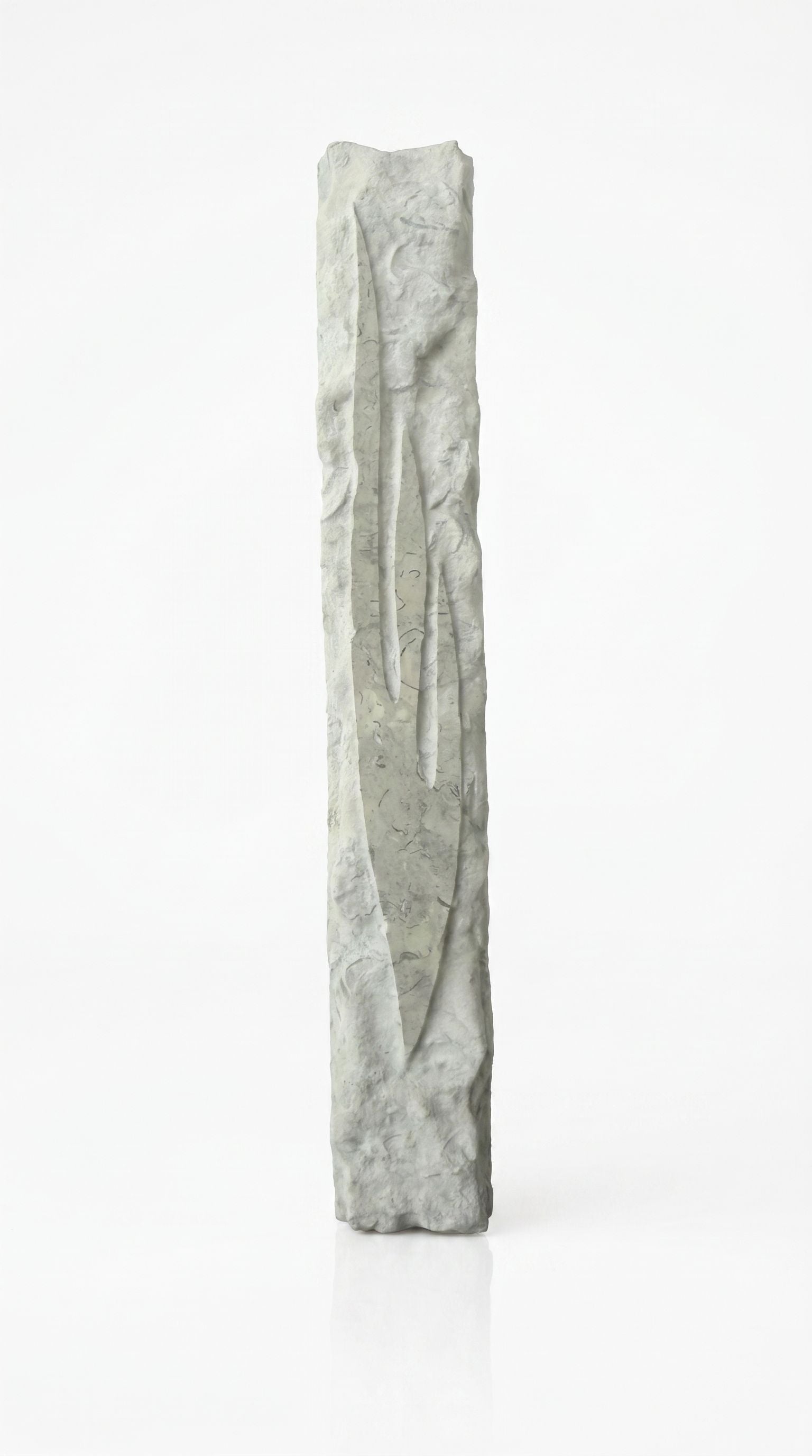 Detailed mezuzah with engraved Hebrew letters and decorative motifs on a pure white background, with a soft reflection below.