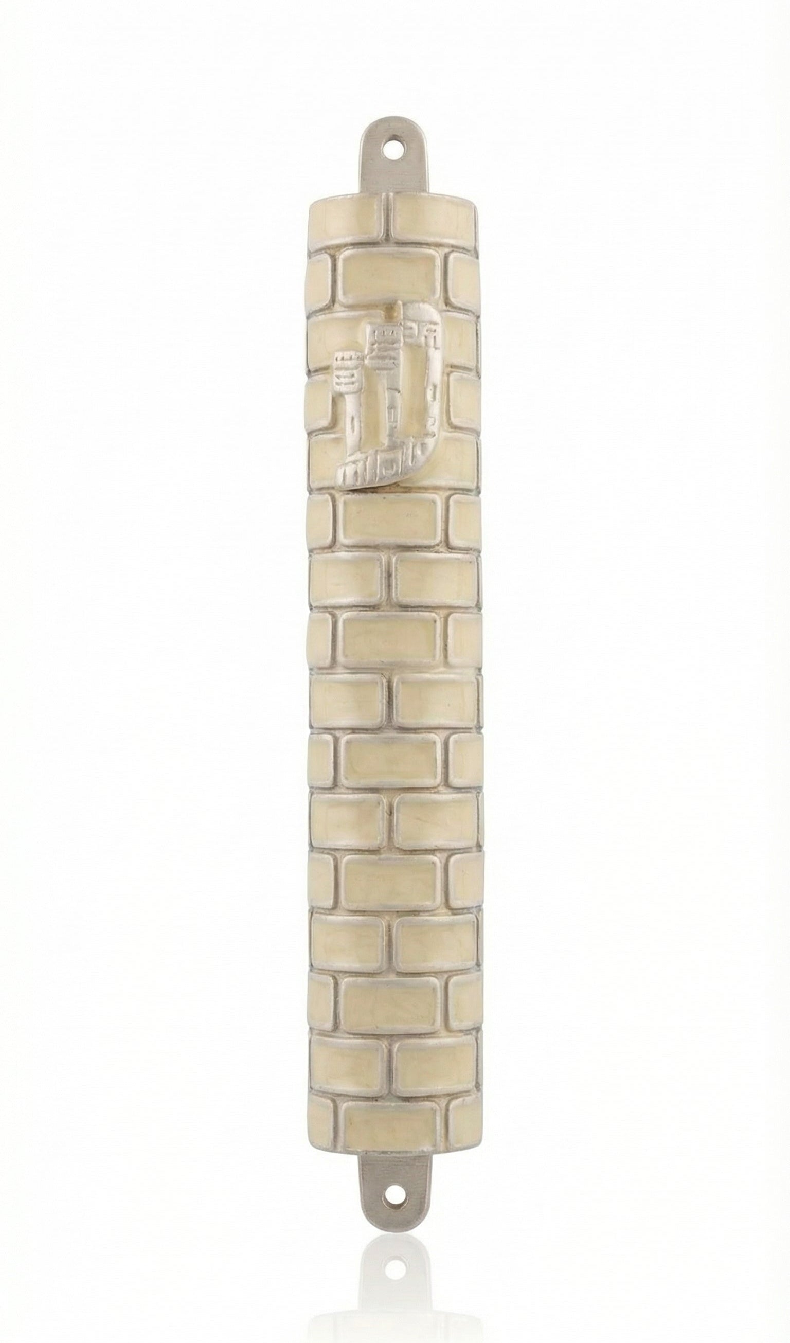 Upscale 5-inch pewter mezuzah with hand-painted enamel, detailed Hebrew letters, decorative motifs, on a white background with soft reflection.