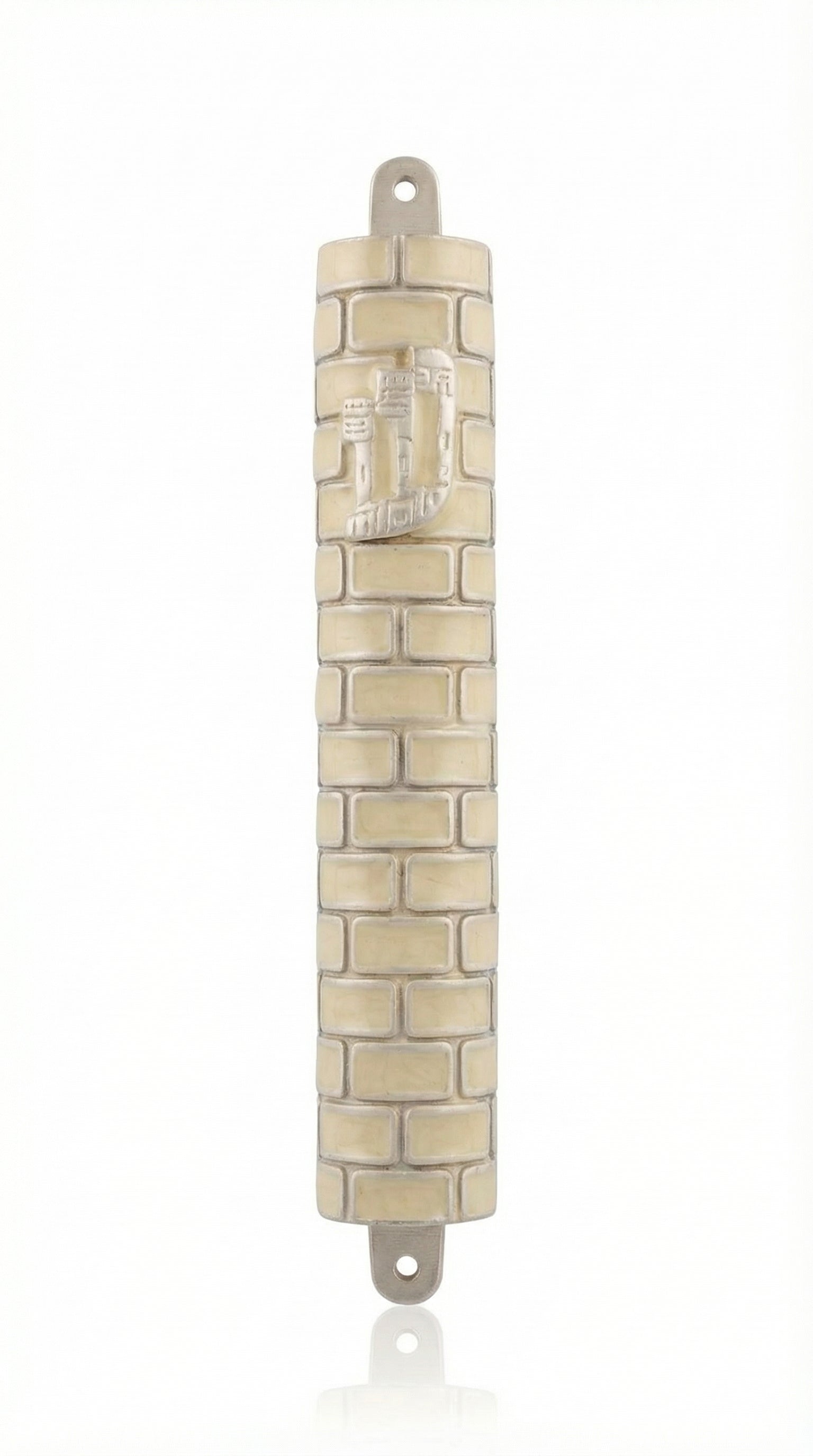 Upscale 5-inch pewter mezuzah with hand-painted enamel, detailed Hebrew letters, decorative motifs, on a white background with soft reflection.