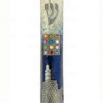 Hoshen Mezuzah made of pewter with enamel detailing, 6 inches tall, mounted on a clean white background with a subtle reflection.
