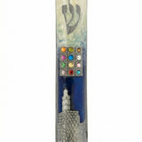 Hoshen Mezuzah made of pewter with enamel detailing, 6 inches tall, mounted on a clean white background with a subtle reflection.