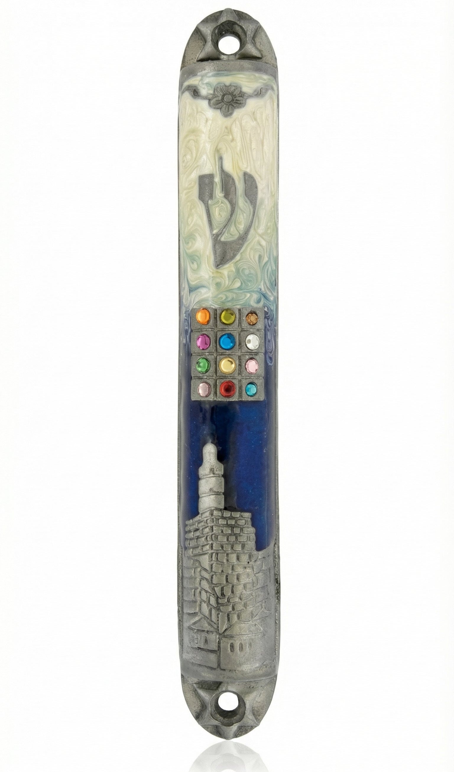 Hoshen Mezuzah made of pewter with enamel detailing, 6 inches tall, mounted on a clean white background with a subtle reflection.