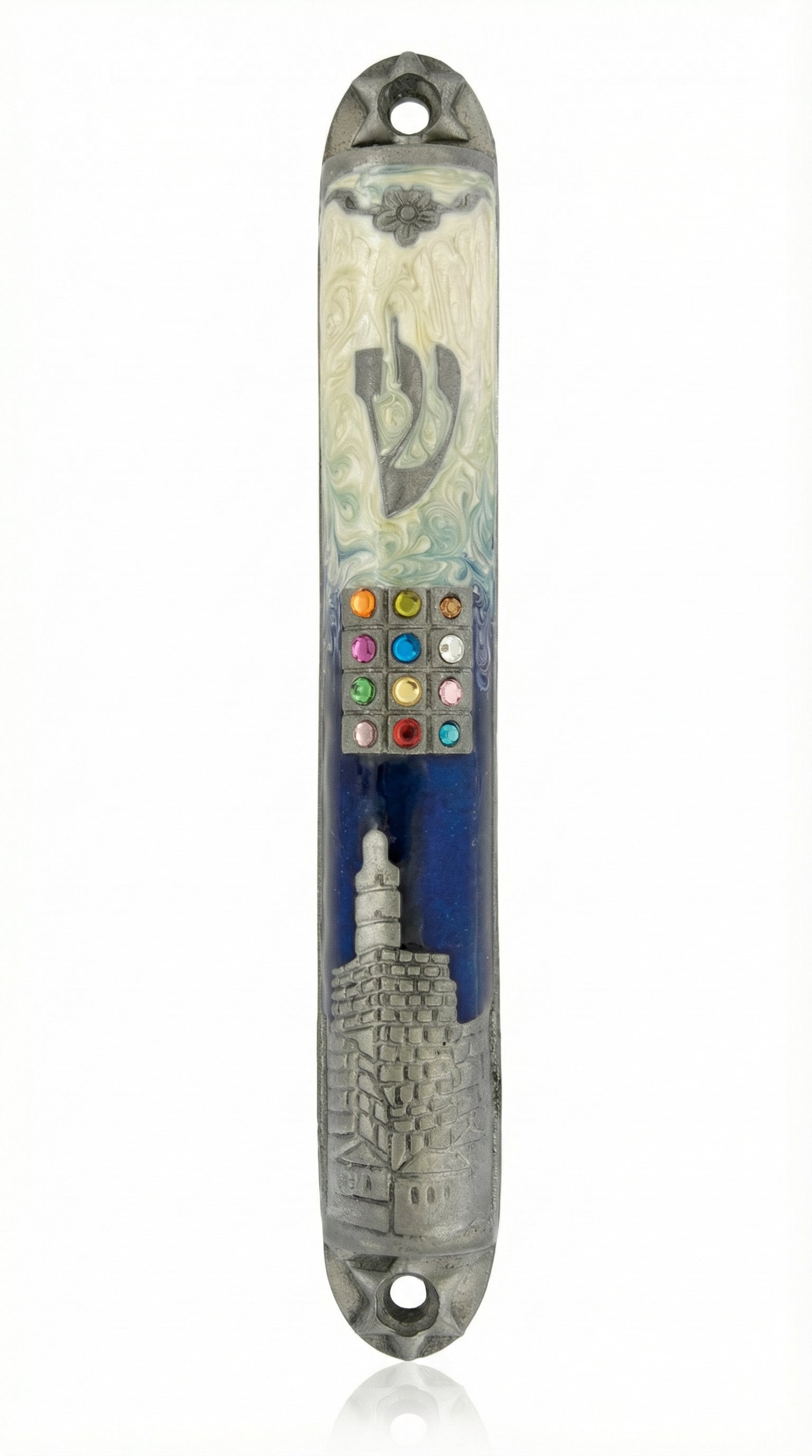 Hoshen Mezuzah made of pewter with enamel detailing, 6 inches tall, mounted on a clean white background with a subtle reflection.