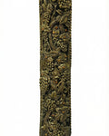 Large brass mezuzah with intricate details and Hebrew engravings, designed for front door installation, on a white background with soft reflection.