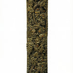 Large brass mezuzah with intricate details and Hebrew engravings, designed for front door installation, on a white background with soft reflection.