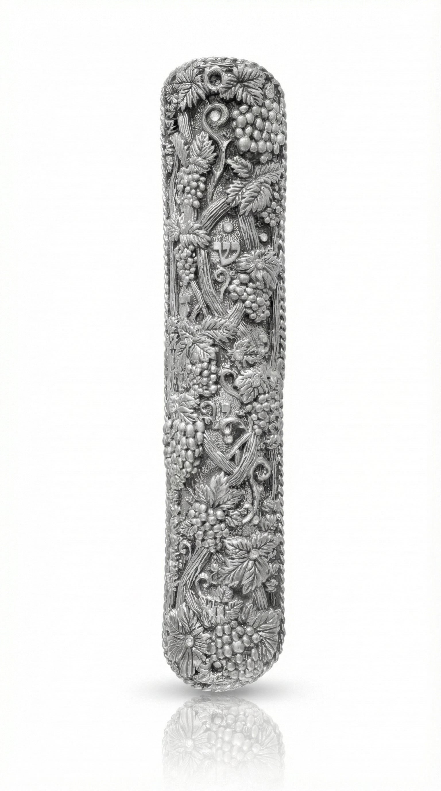 Large pewter mezuzah with intricate Hebrew engravings, suitable for front door, showcasing detailed craftsmanship and religious symbols.