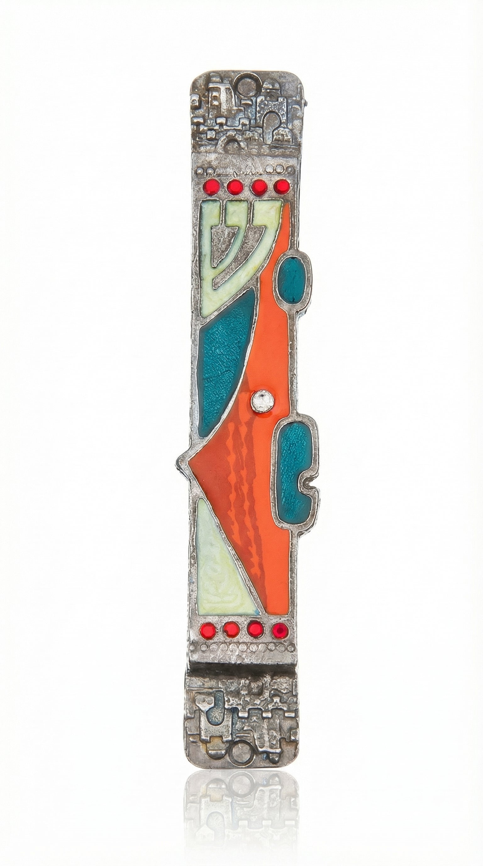 Pewter Holy Land Mezuzah featuring Israel map, Jerusalem stone, and surrounding sea scenes on a white studio background with soft reflection.