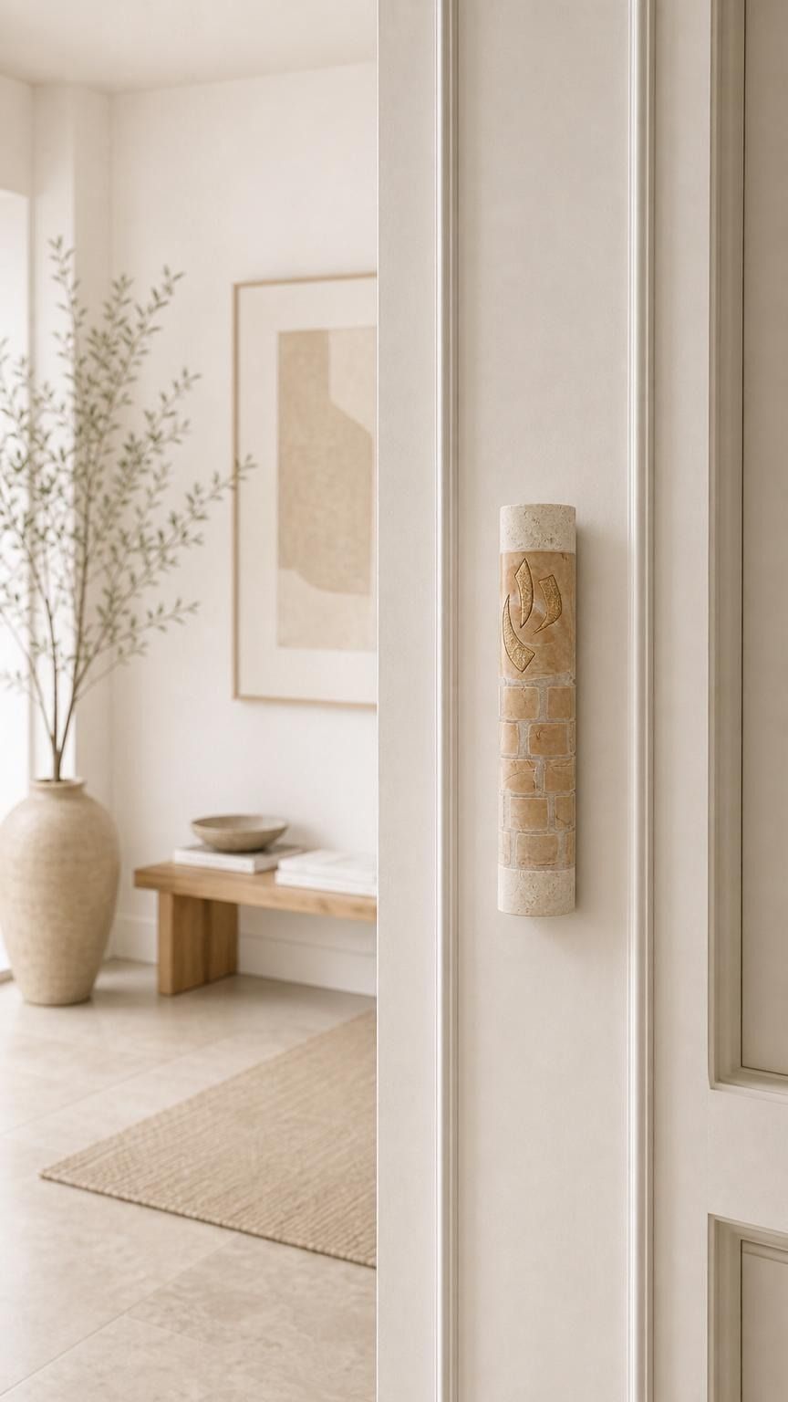 Divine Shin cream stone mezuzah installed on the right doorpost of a home entrance.